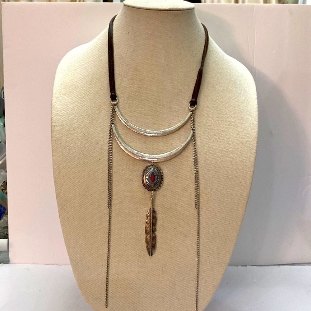 Silver color chain brown suede faux. Coral turquoise stone extender brand new